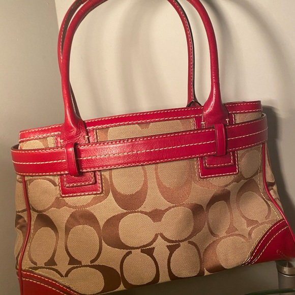 Coach Signature Monogram Tote Bag Red Leather Trim Designer  Red monogram COACH handbag